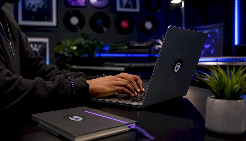 Close-up hands on laptop in music studio