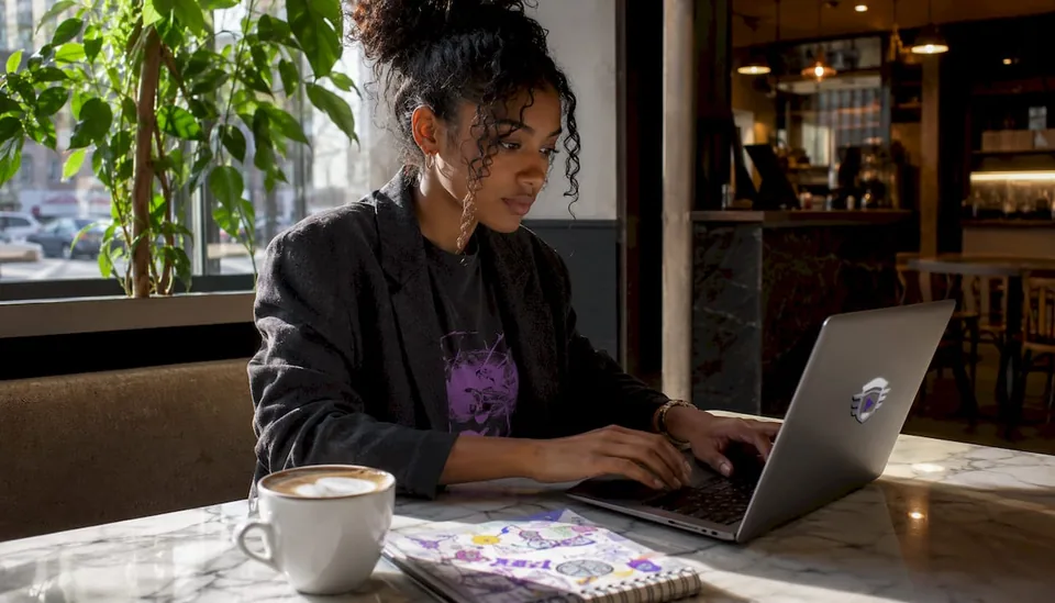 Woman using laptop for Spotify playlist promotion