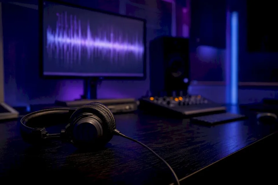Studio headphones on desk with waveform glow