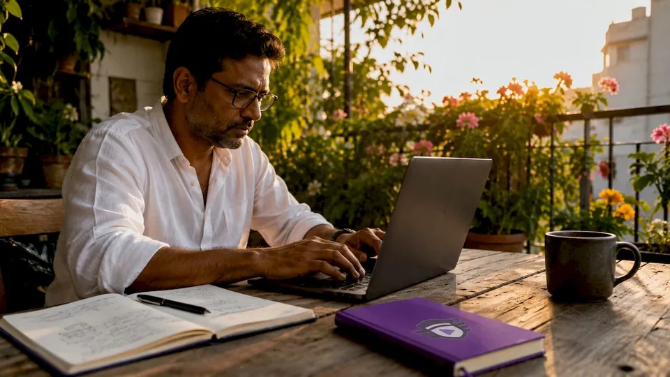 Man typing curator pitch in office workspace
