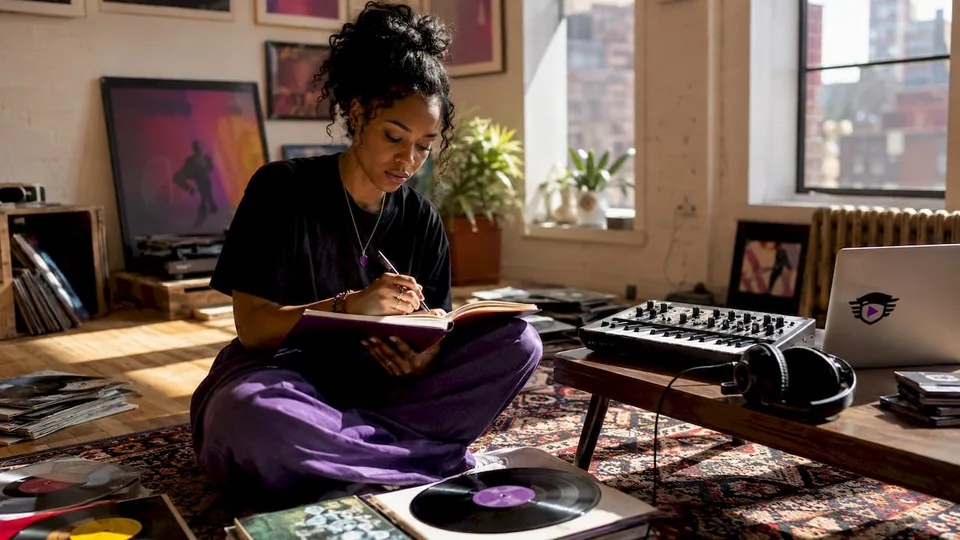 Woman writing music curator pitch at home