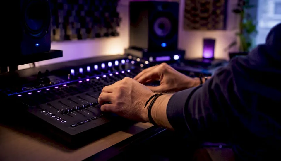 Curator adjusting audio controls hands close-up