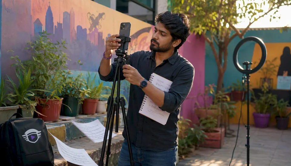 Hands setting up smartphone for music clip shoot