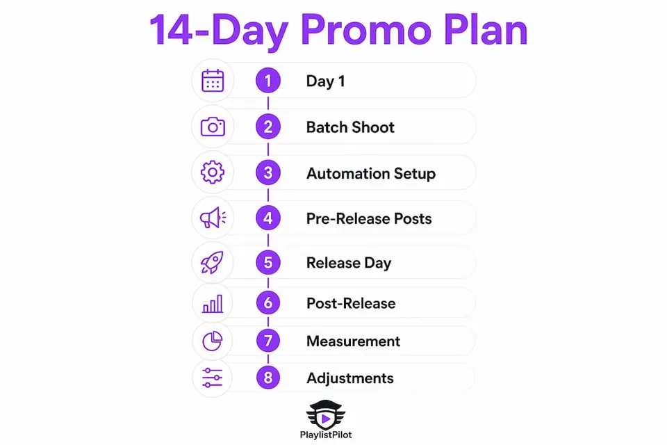 Infographic outlining 14-day music promotion workflow steps
