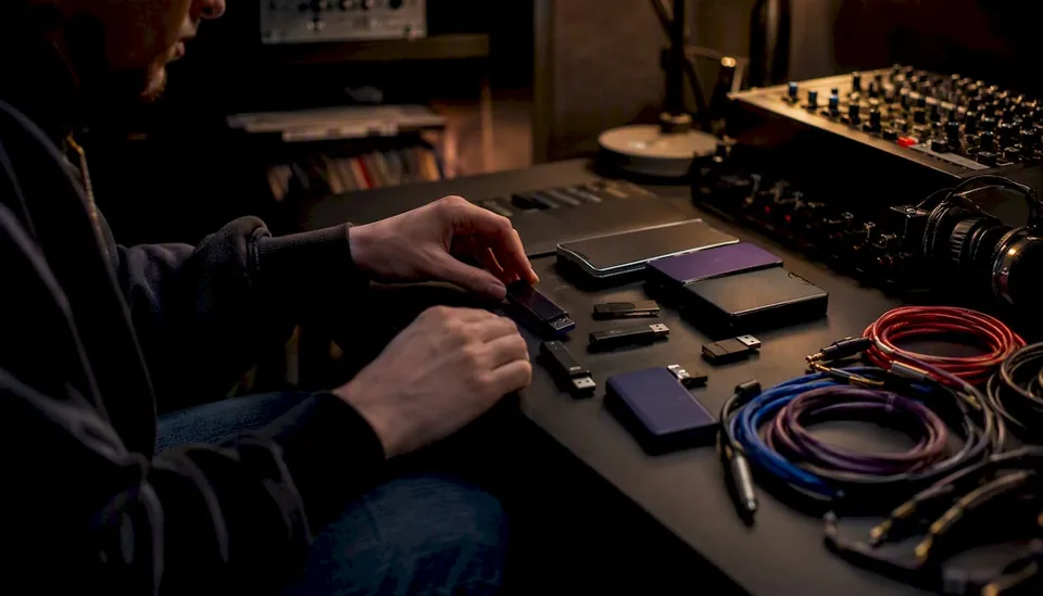 Hands sorting remix stems at home studio desk