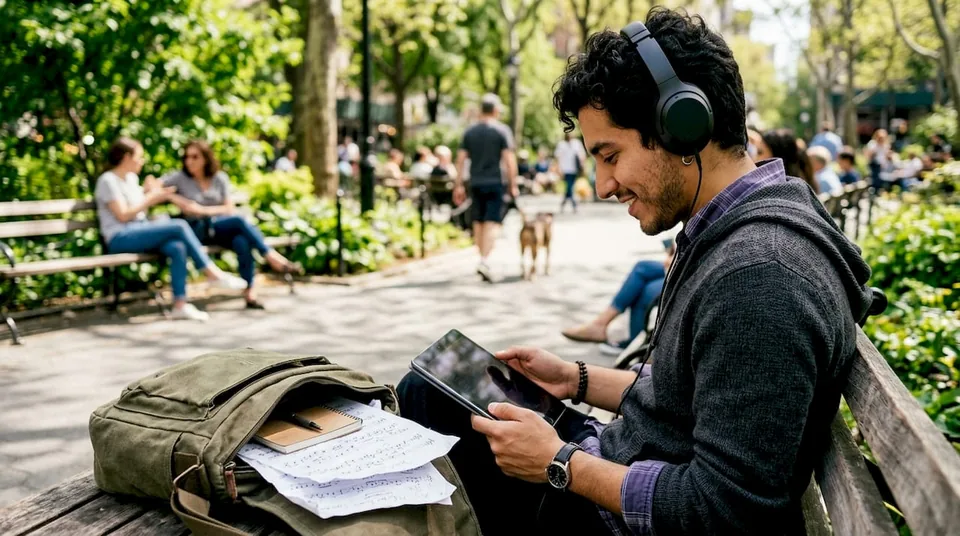 Artist exploring playlists in café