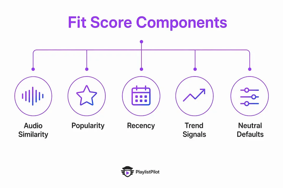 Infographic illustrating components of Fit Score in AI playlist matching