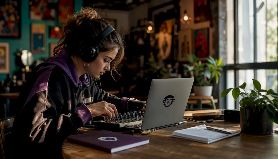 Musician working on audio analysis in home studio