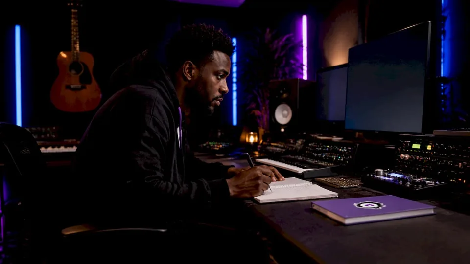 Music producer managing catalog in home studio