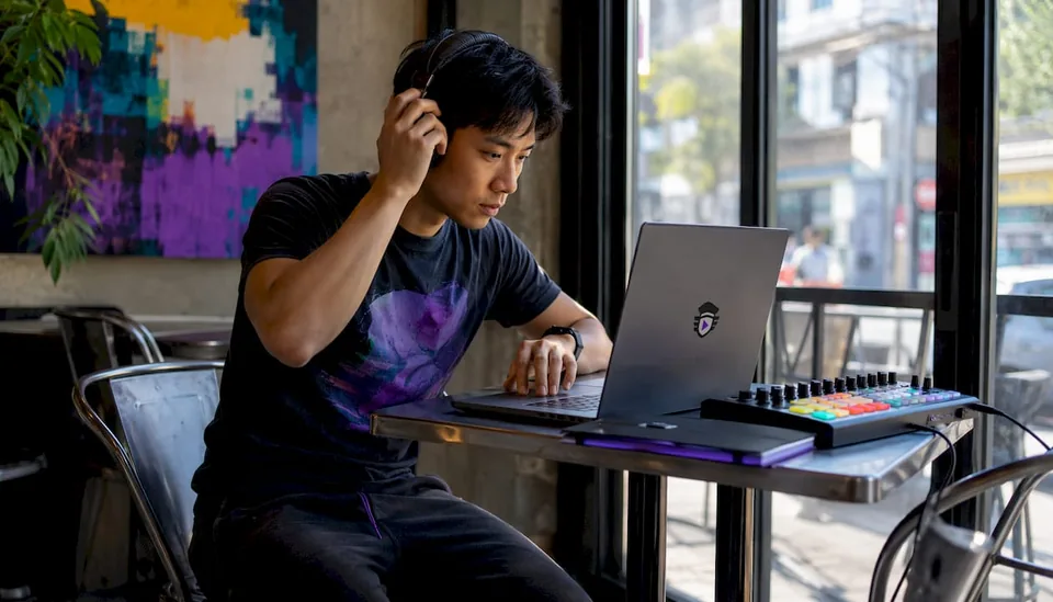Man uploading music through laptop in home studio