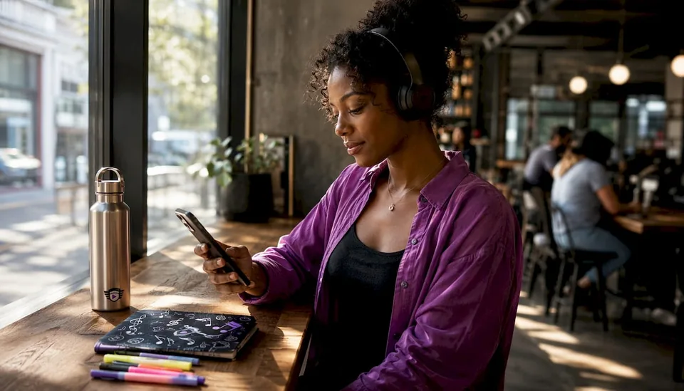 Woman using Spotify app with headphones in café