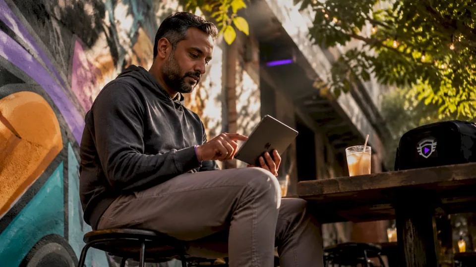 Man curating Spotify playlist at home