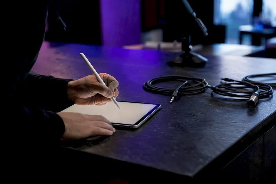 Hands writing personalized pitch message digitally