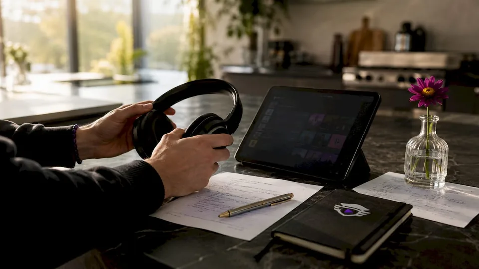 Overhead view of hands and playlist research setup
