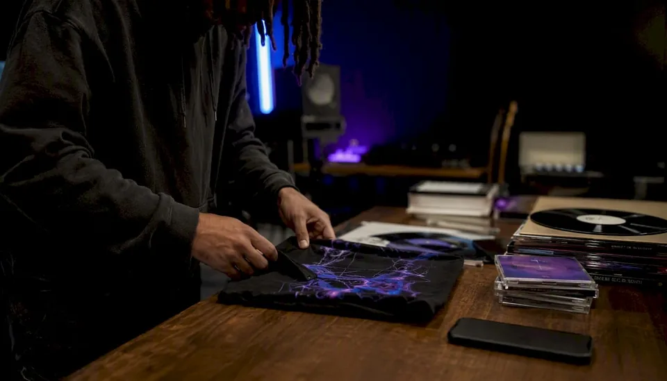 Hands arranging music merch on tabletop