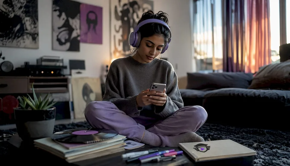 Woman using smartphone with headphones discovering music