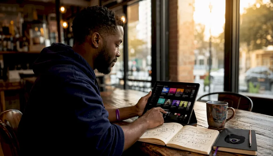 Hands browsing Spotify Playlist on tablet
