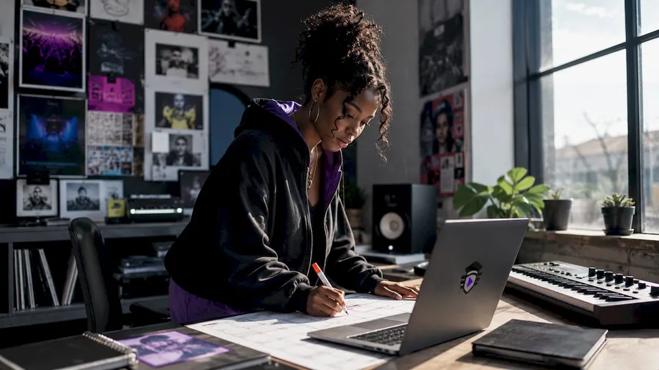 Artist planning music release schedule at home