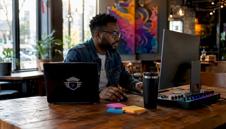 Producer researching playlists on computer