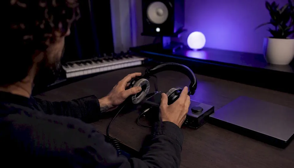 Musician plugging headphones into audio interface