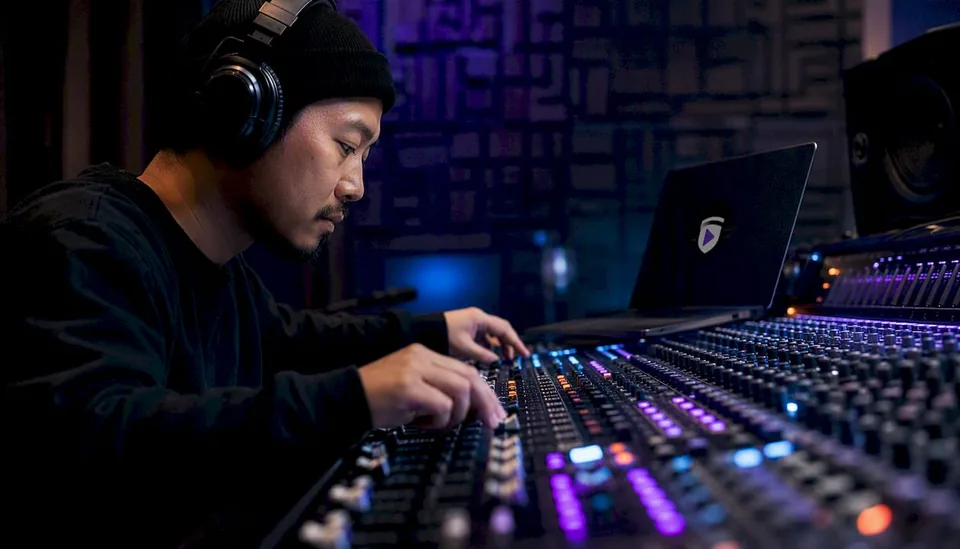 Sound engineer adjusting studio mixing board