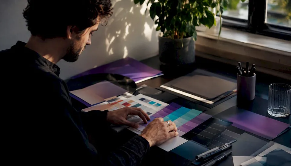 Hands sorting color swatches on designer desk