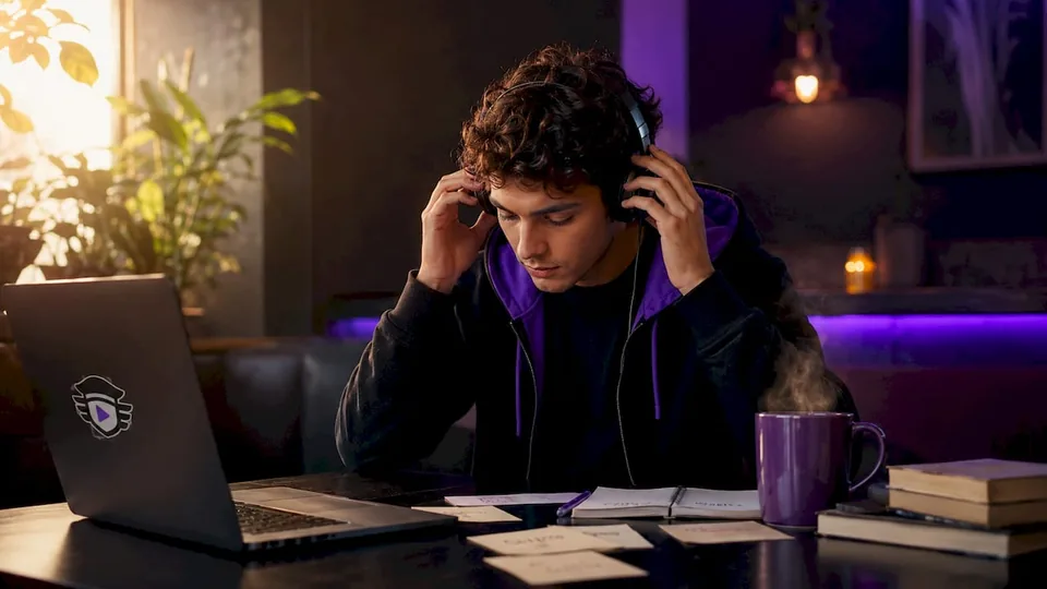Hands adjusting headphones at home music desk