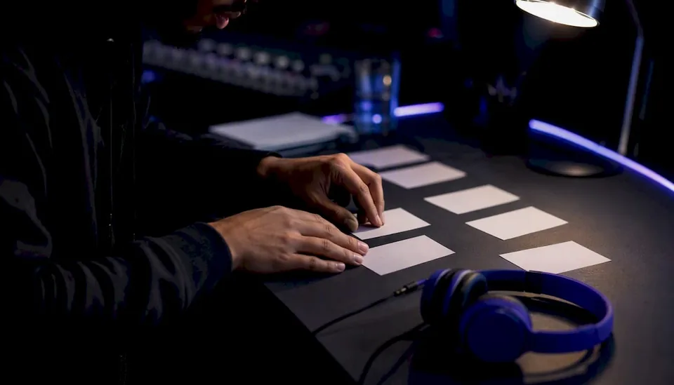 Musician hands organizing playlist submission notes