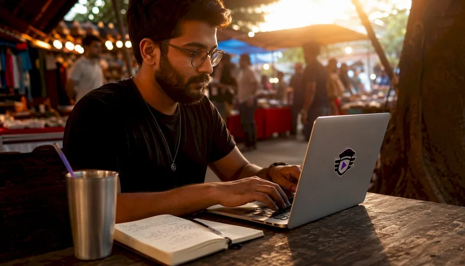 Hands typing on laptop in café for playlist discovery