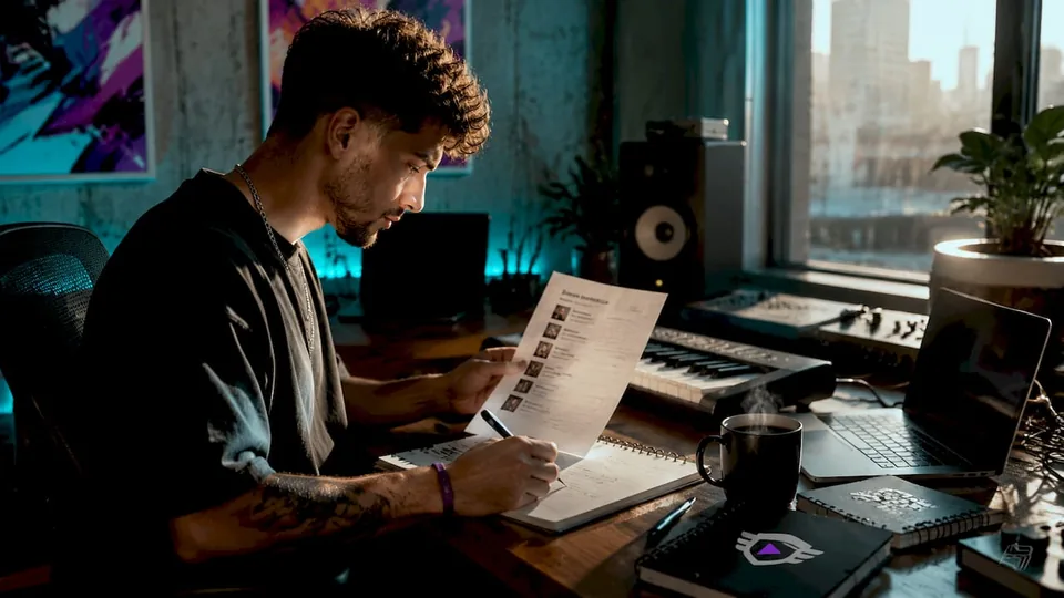 Music producer reviewing playlist strategy at home studio