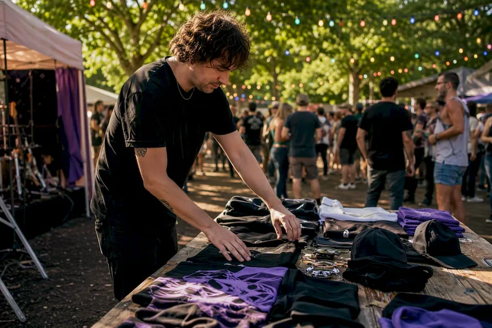 Musician arranging merch bundles at music venue