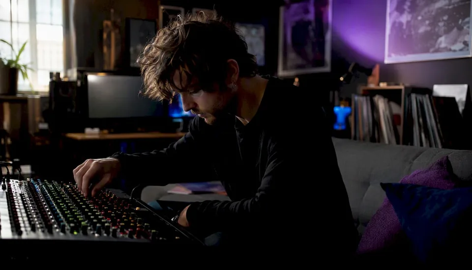 Musician adjusting mixing console in home studio