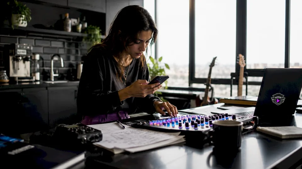 Songwriter at desk exploring music discovery on smartphone