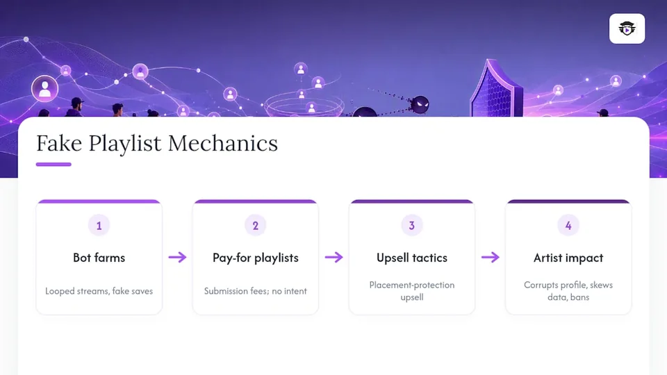 Diagram of fake Spotify playlist scam mechanics