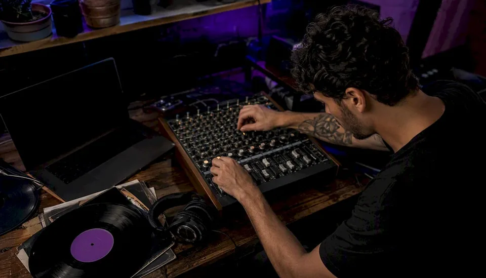 Musician adjusting audio equipment in studio