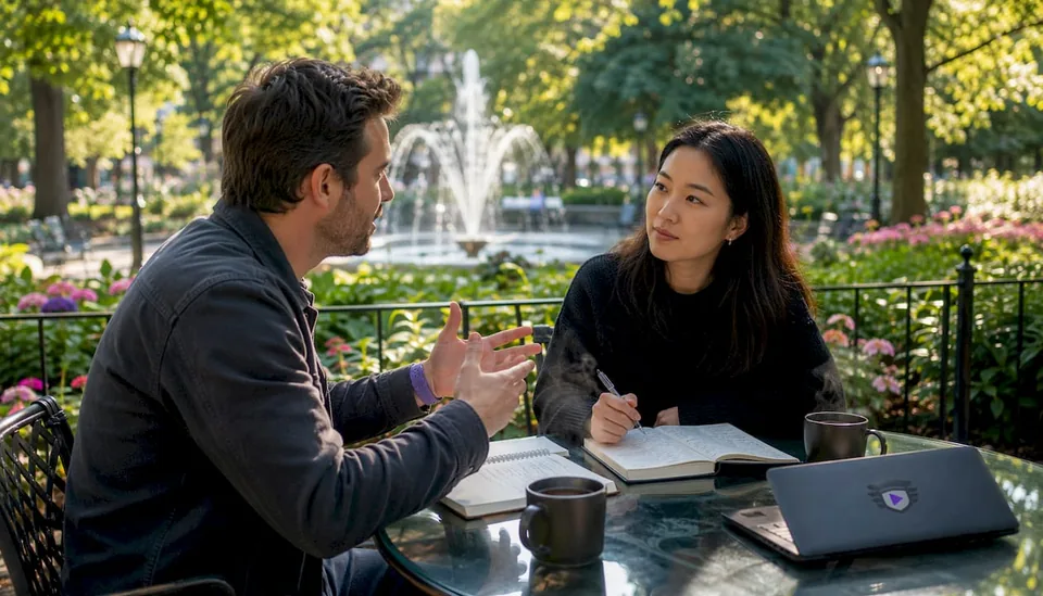Two collaborators discussing playlist pitching