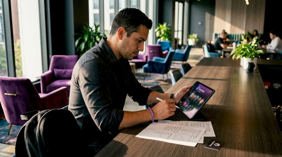 Editorial playlist curator working at office desk