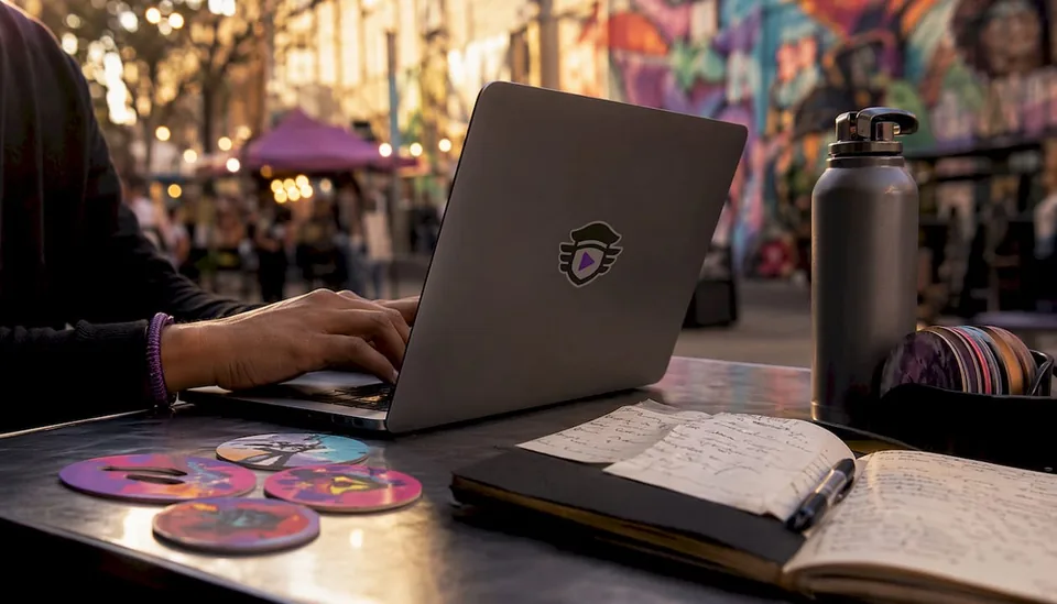 Hands typing on laptop in cafe setting