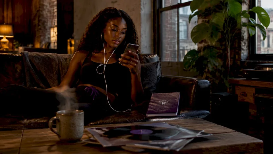 Woman choosing Spotify playlist on phone at home