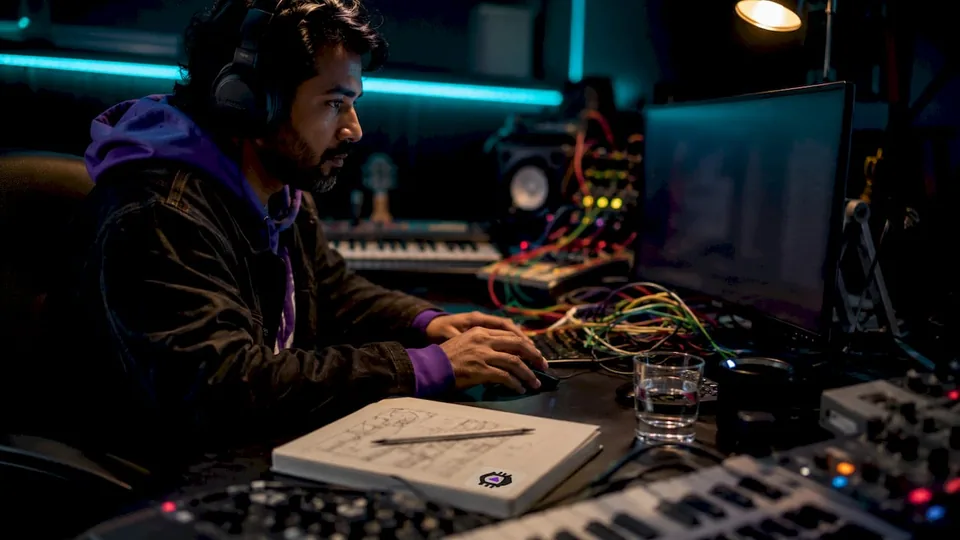 Man interacting with music software in home studio