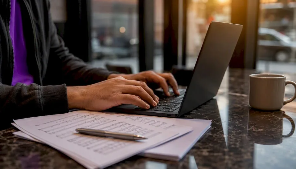 Hands typing on laptop with music credits