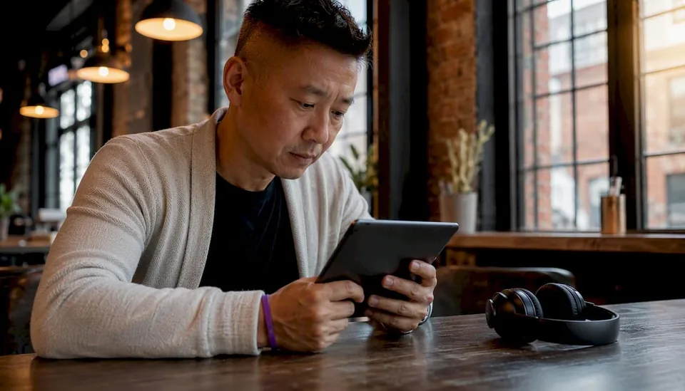 Music supervisor scrolling metadata on tablet