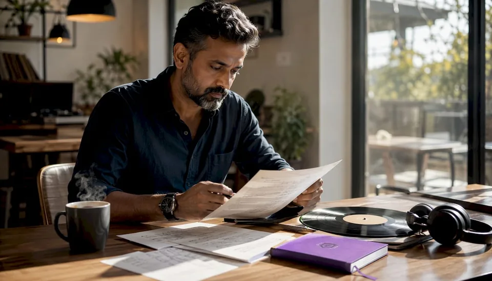 Curator reviewing playlist materials in office