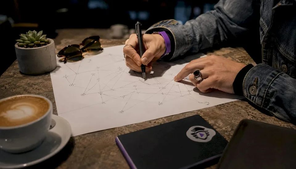 Hands connecting artists and curators on paper map
