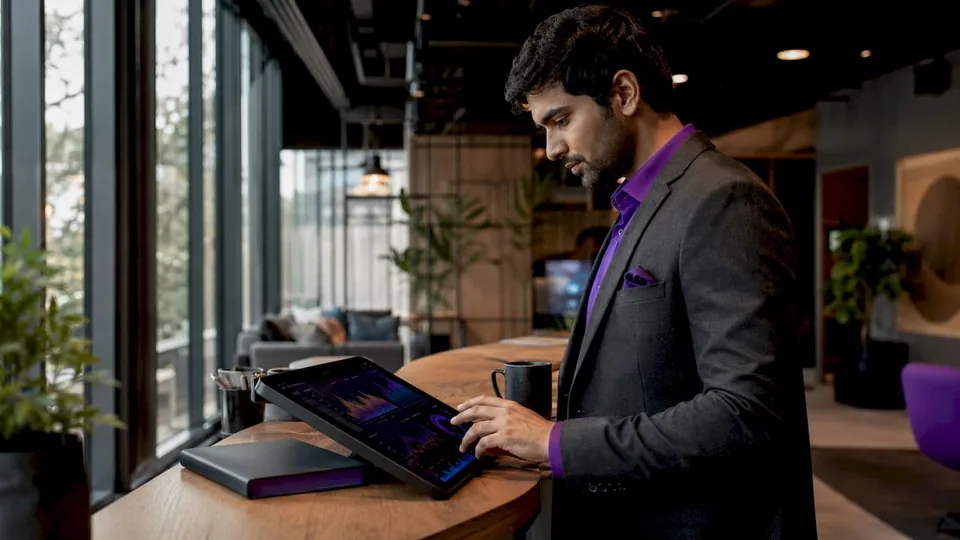 Man reviewing music social listening reports at office