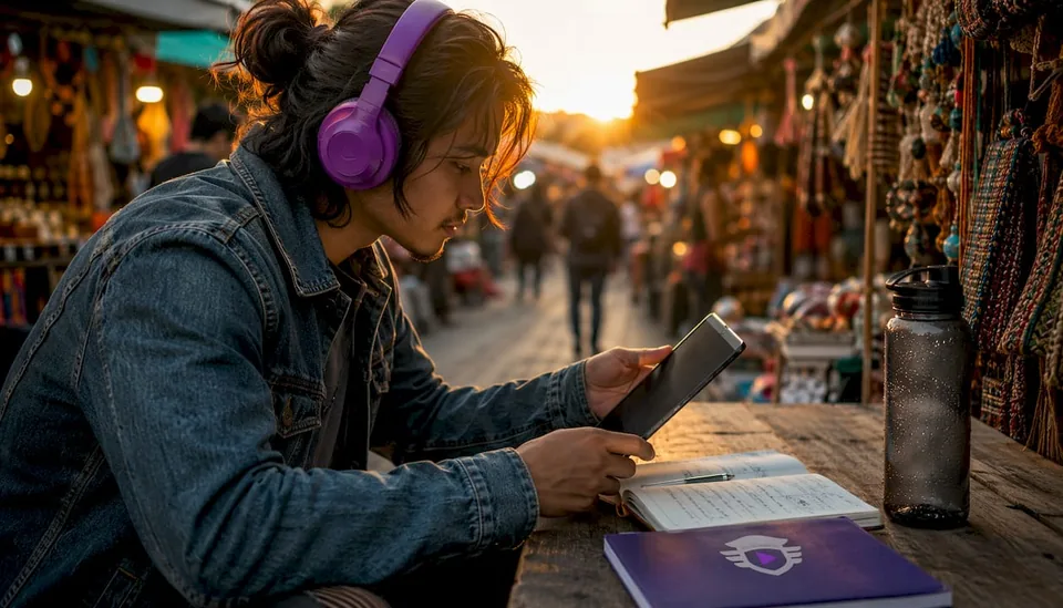 Indie artist reviewing streaming stats outdoors