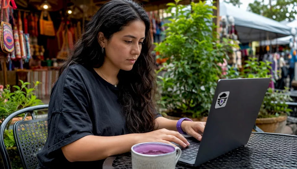 Hands typing music pitch on laptop
