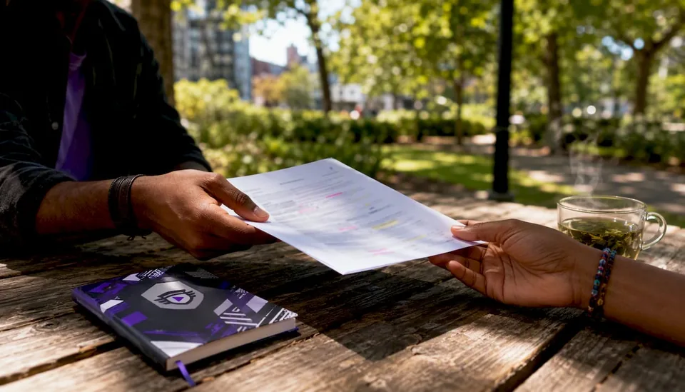 Hands exchanging music pitch document in cafe