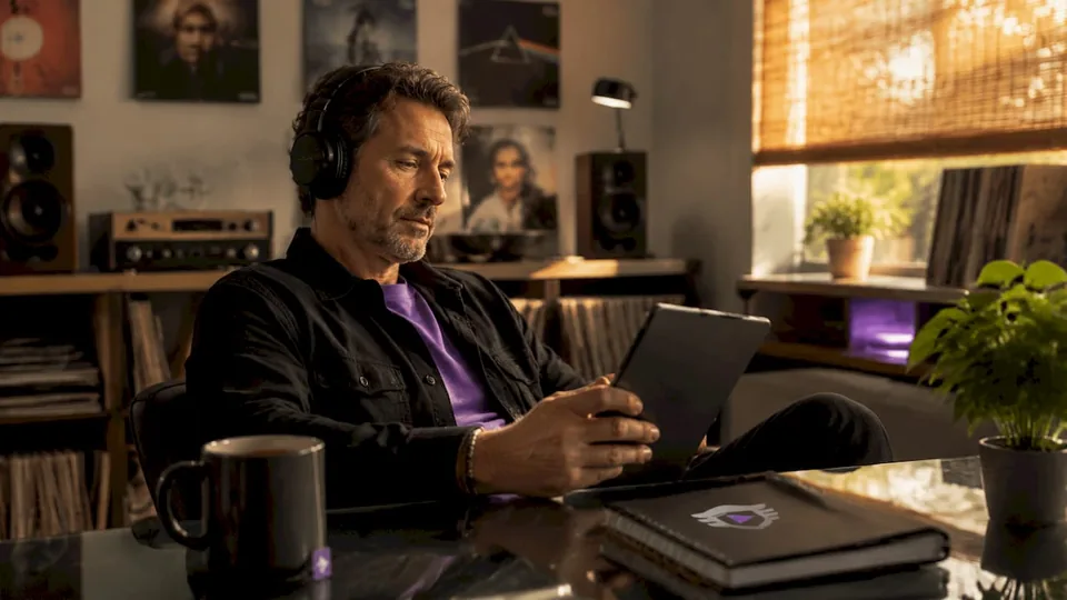 Playlist curator listening to music and taking notes