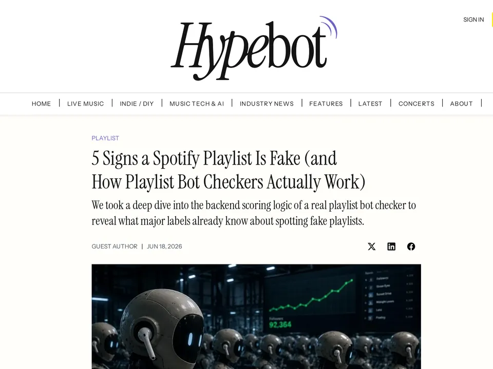 Hypebot article: 5 Signs a Spotify Playlist Is Fake (and How Playlist Bot Checkers Actually Work)